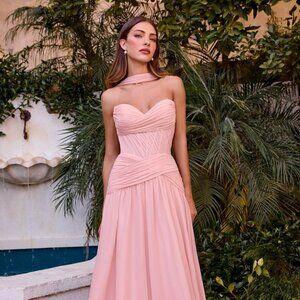 New Nude Blush Strapless Bridesmaid Gown w/Pleated Draping & Corset Bodice CD395